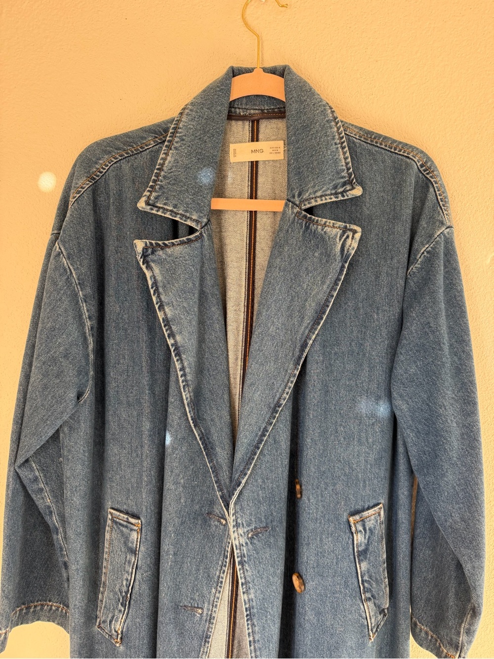 Mango Blue Double-Breasted Denim Trench Coat - Picture 3 of 5